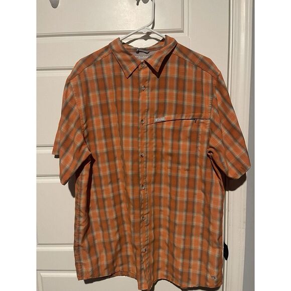 Columbia Other - Columbia Mens Button Up Omni Shade Shirt Size Large Orange Plaid Short Sleeve
